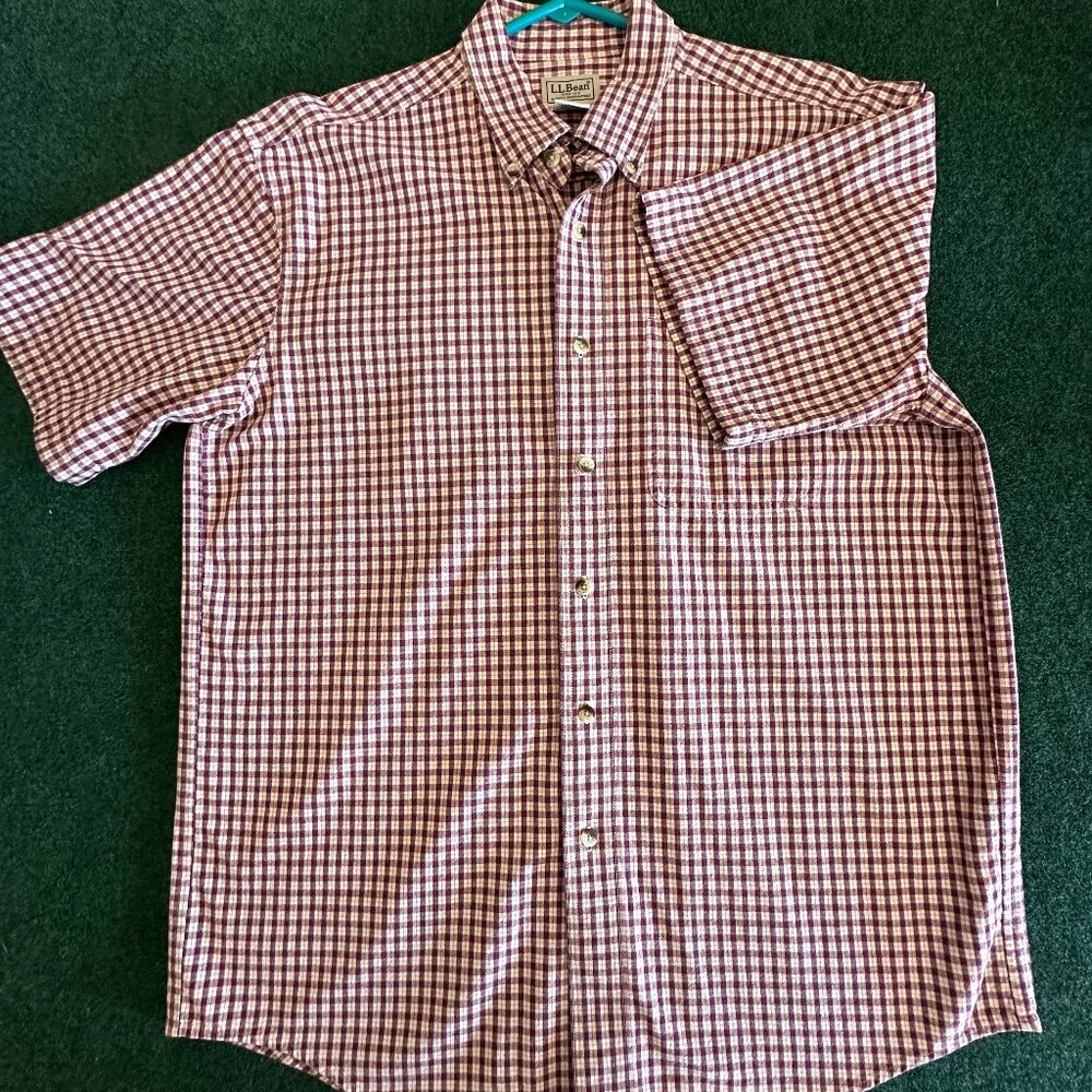 Men's LLBEAN short-sleeve button-down shirt, red and white check Size M